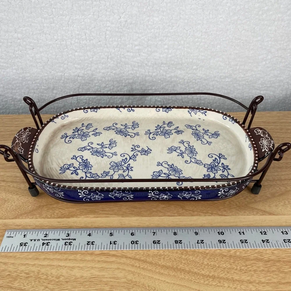 Temp-tations by Tara Floral Lace Cobalt Blue Ceramic 2 qt Trivet with Metal Rack